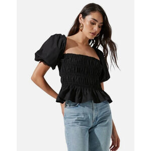 ASTR The Label Women Savina Top S Black Puff Bubble Sleeve Square Neck Whimsical